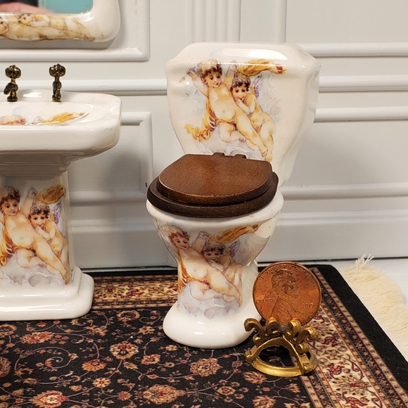 Rachel Munday Hand Decorated English Miniature Cherb Bathroom Set Extremely Rare - Picture 5 of 11